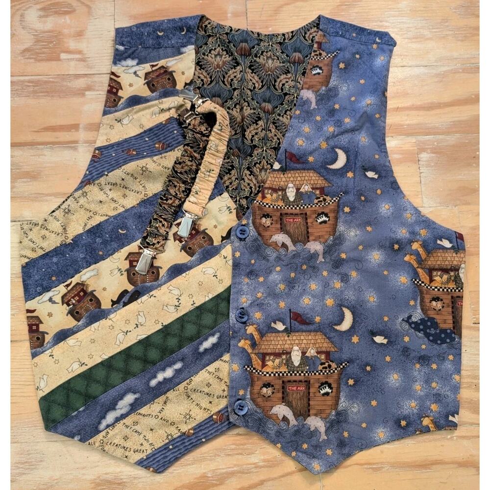 Vintage Handmade Reversible Grandma Variety Noah's Ark Vest Suspender Straps Med